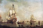 Thomas Mellish The Royal Caroline in a calm estuary flying a Royal standard and surrounded by an attendant barge and other small boats oil painting reproduction